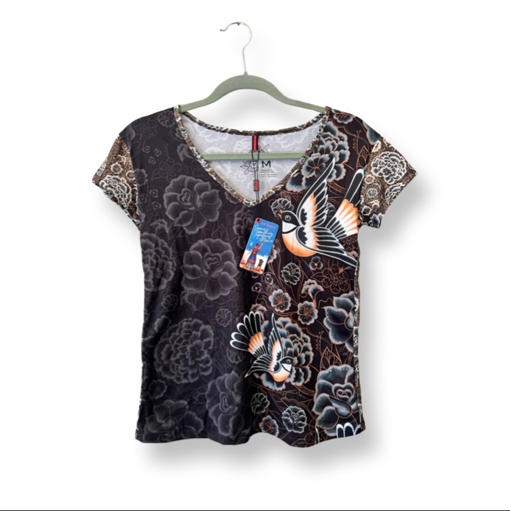 Ay Guey NWT Women’s Flower & Bird Motif Mexican Boho Fitted Shirt